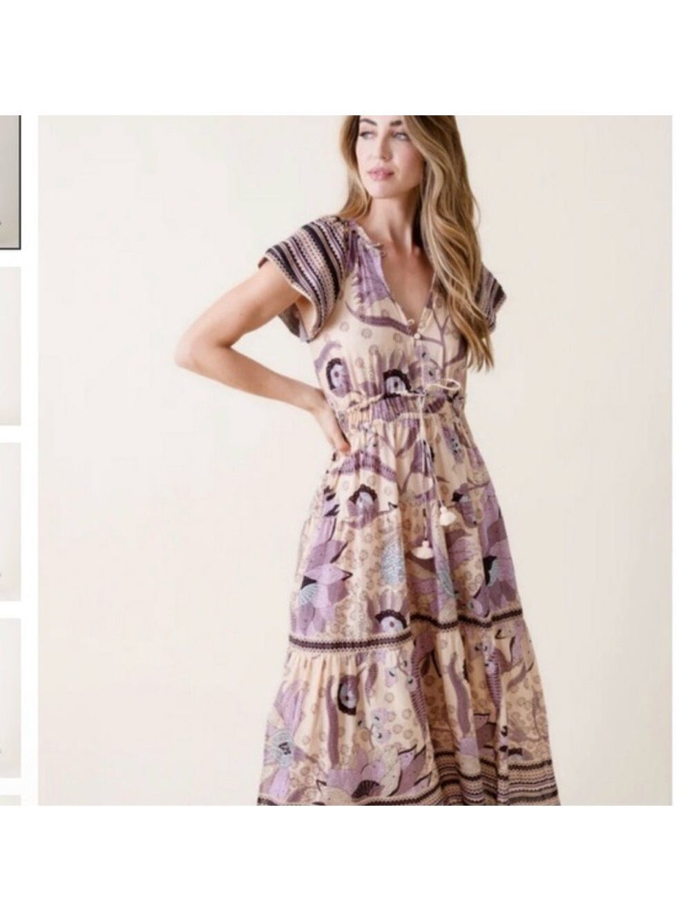 NWOT Omika Paola Puff Flutter Sleeve Tiered Maxi Dress Peach Purple Floral SZ L